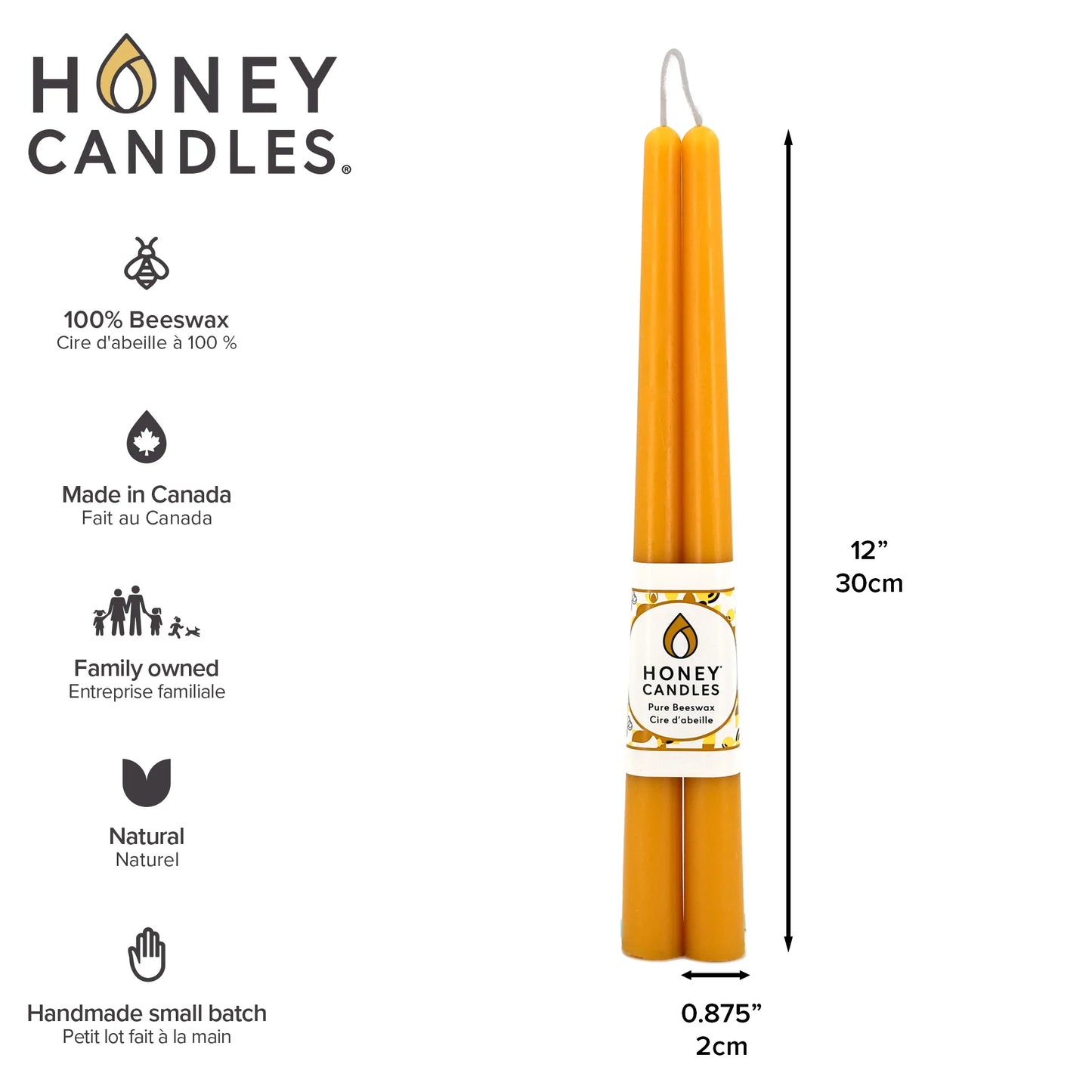 Pair of 12" Natural Beeswax Taper Candles