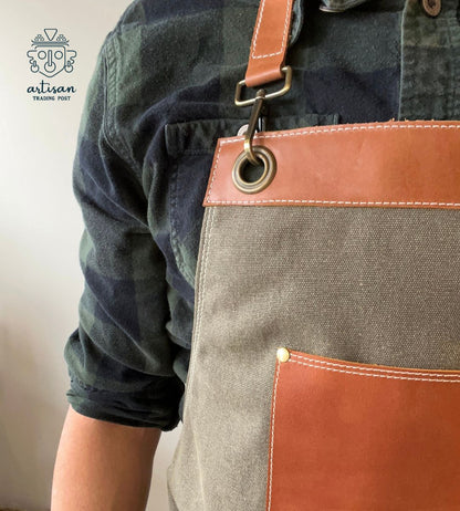 Artisan Apron  | Green Canvas & Honey Brown Leather