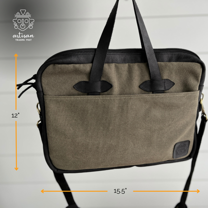 Canvas Messenger Bag with Leather Accents | Green with Midnight Black