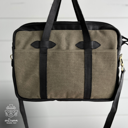 Canvas Messenger Bag with Leather Accents | Green with Midnight Black